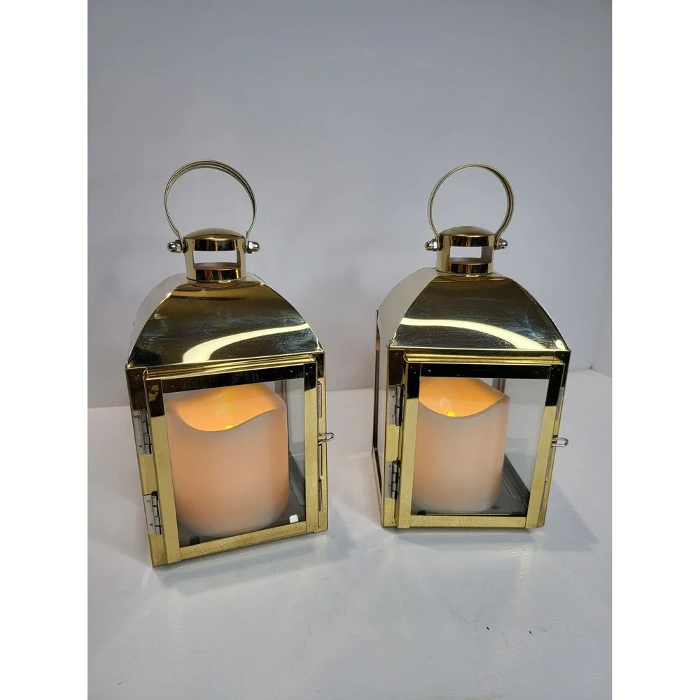 Gold Metal Lanterns with LED Candles Pair Decorative Wedding Decor 7.5in